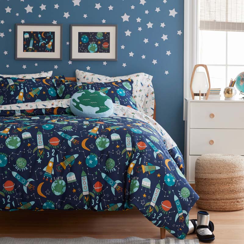 Planets and Rockets Classic Cool Organic Cotton Percale Bed Sheet Set - Navy Multi, Full