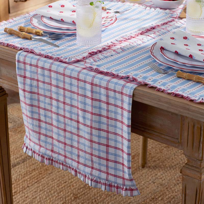 Flowers & Plaid Yarn-Dyed Reversible Table Runner - Graph Plaid Red, 16 in. x 90 in.