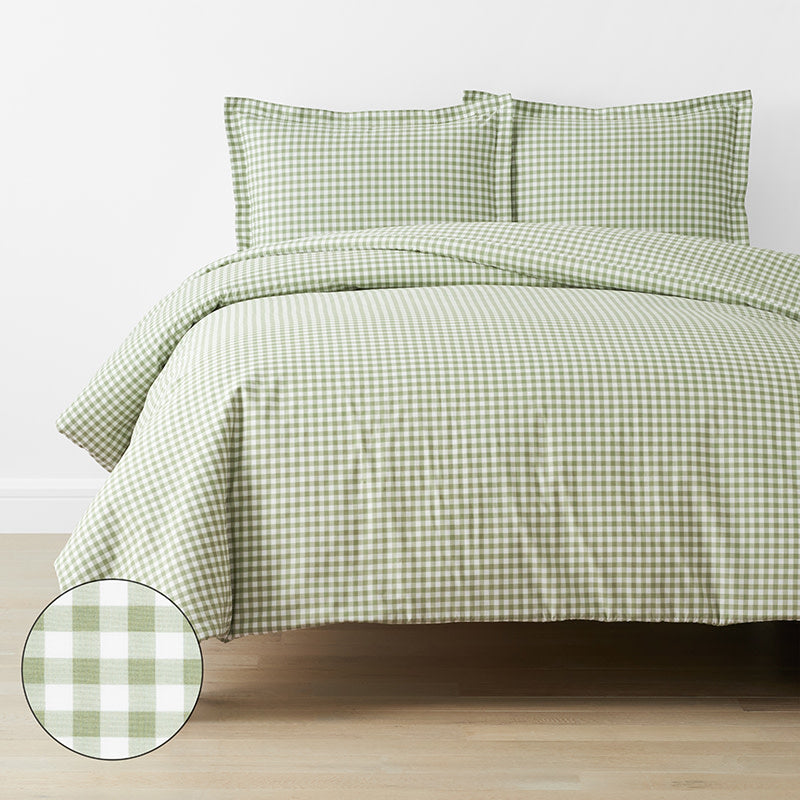 Gingham Classic Cool Organic Cotton Percale Duvet Cover Set - Moss, Full