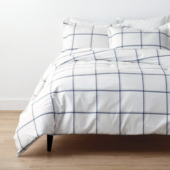 Tailored Stripes and Plaids Classic Cool Cotton Percale Bed Duvet Cover - Window Pane Plaid Navy, Full/Queen