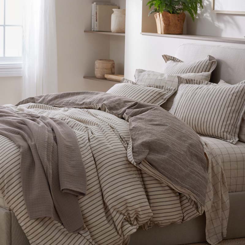 Tailored Stripes Premium Breathable Washed Linen Cotton Reversible Duvet Cover - Wide Stripe Dark Brown, King/Cal. King
