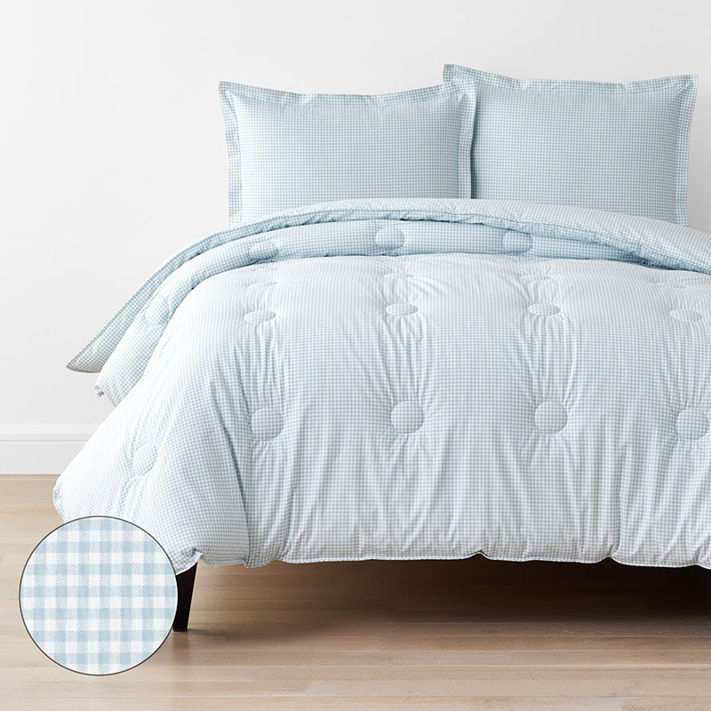 Ditsy Gingham Classic Cool Organic Cotton Percale Comforter Set - Blue, Twin