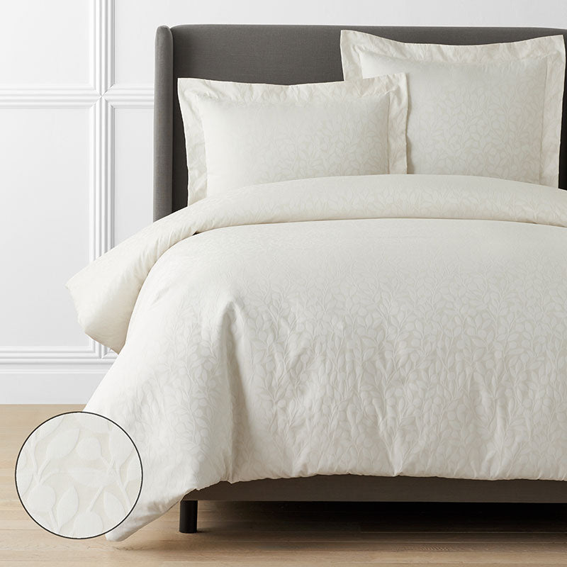 Jacquard Leaf Yarn-Dyed Premium Smooth Supima® Cotton Wrinkle-Free Sateen Duvet Cover - Ivory, Full/Queen
