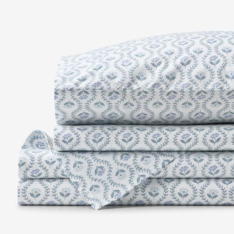 Tira Floral Classic Cool Cotton Percale Bed Sheet Set - Flower Blue, Queen