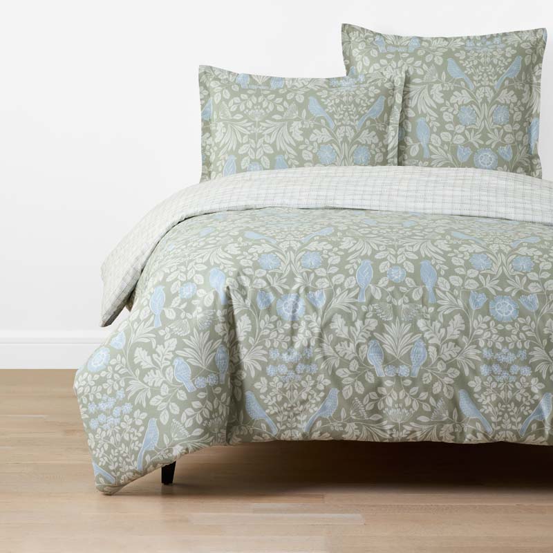 Tira Floral Classic Cool Cotton Percale Reversible Duvet Cover - Bird Green, Full/Queen