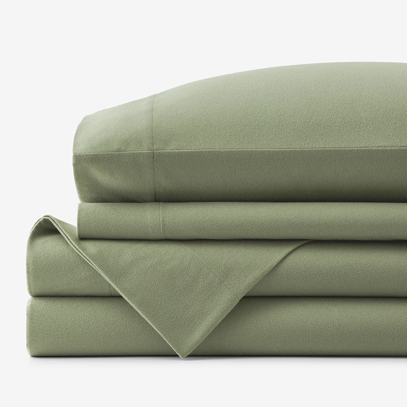Classic Ultra-Cozy Cotton Velvet Flannel Bed Sheet Set - Willow Green, Queen