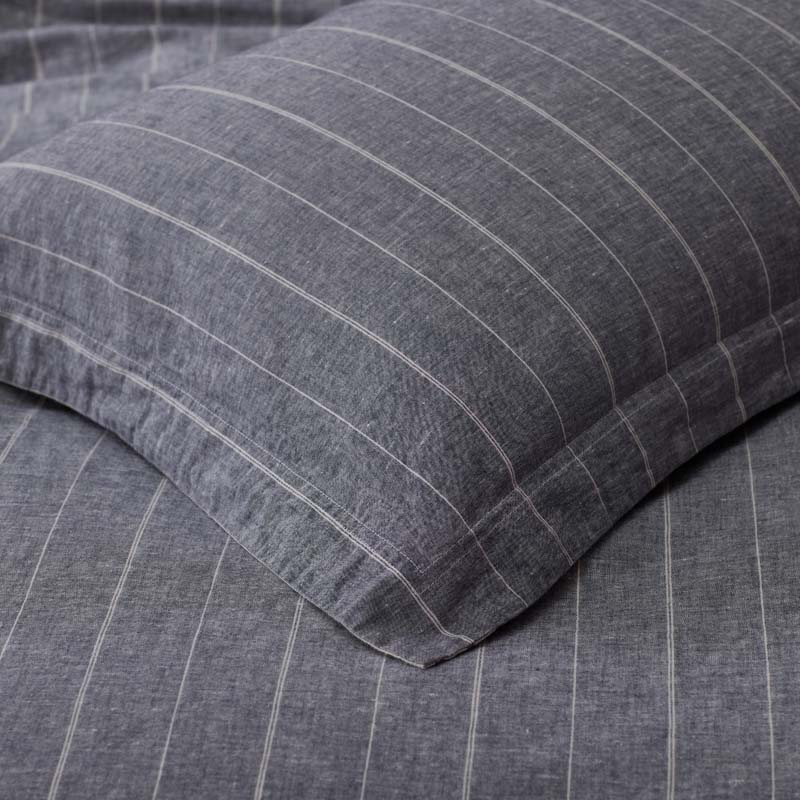 Tailored Stripes Premium Breathable Washed Linen Cotton Reversible Duvet Cover - Wide Stripe Deep Navy, Twin/Twin XL