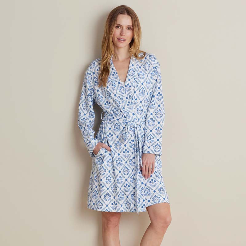 Printed Pima Cotton Women's Kimono Robe - Floral Trellis, XS