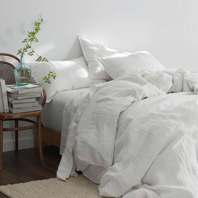 Premium Breathable Washed Linen Solid Fitted Bed Sheet - White, Full