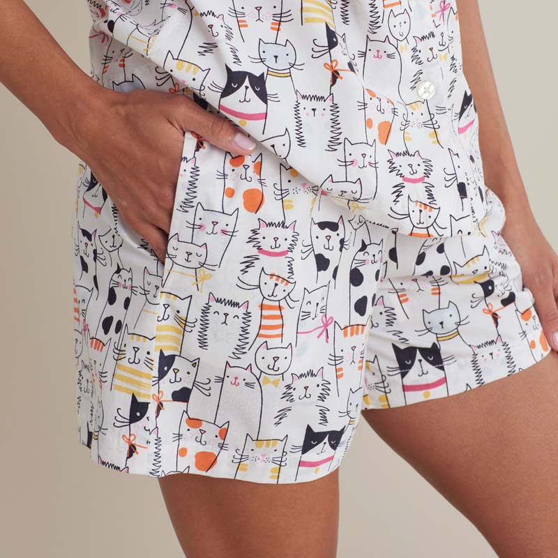 Printed Poplin Women's Shorts Set - Kittie Party, L