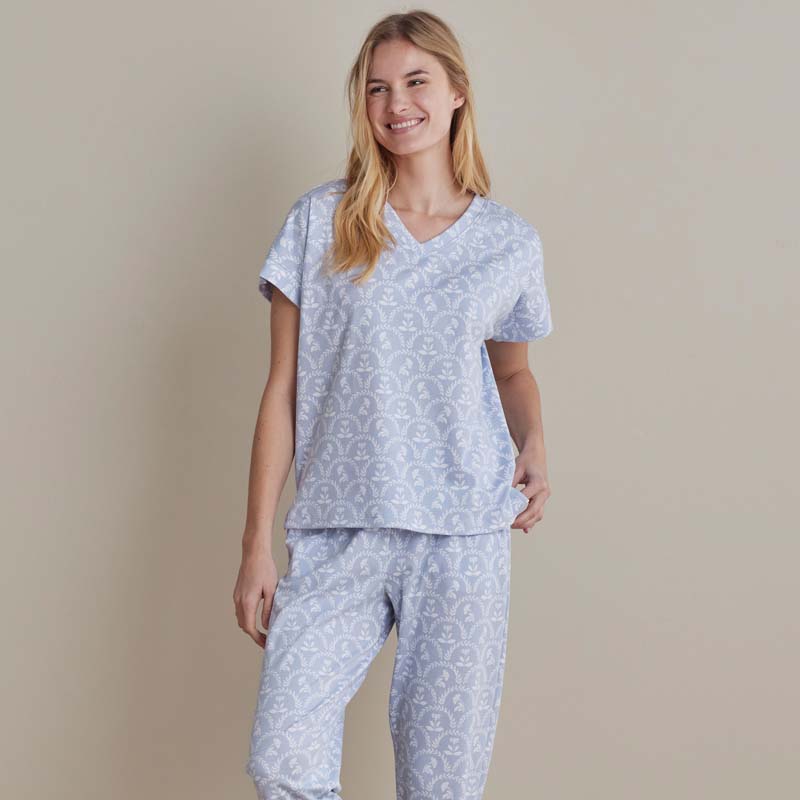 Printed Peruvian Cotton Women's Jogger Pants Pajama Set - Bergen Blue, XXL