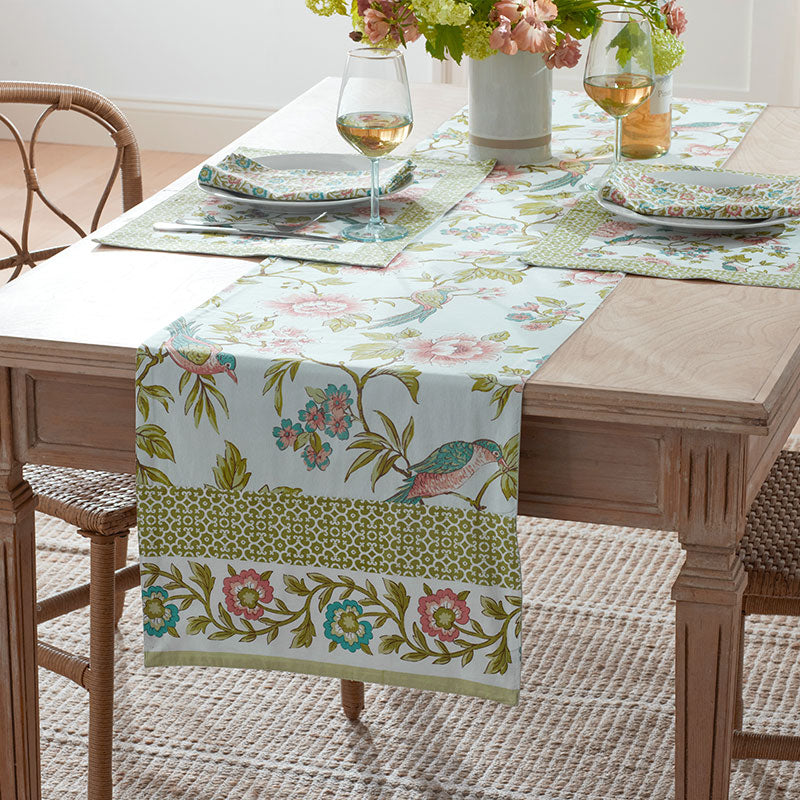 Garden Floral Cotton Table Runner - Spring Birds, 16 in. x 108 in.