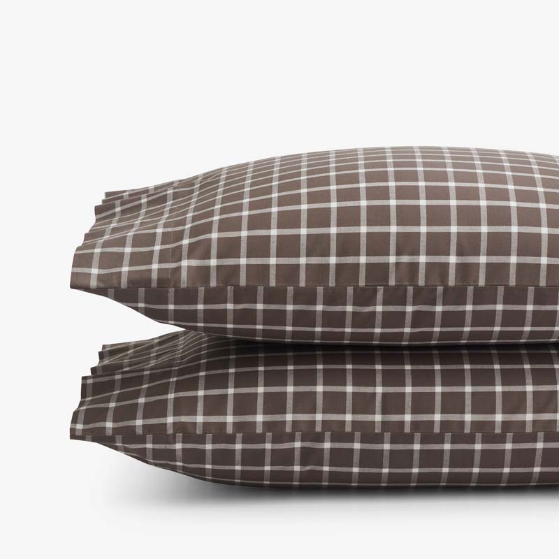 Classic Stripes and Plaids Cool Yarn-Dyed Cotton Percale Pillowcase Set - Windowpane Brown, Standard