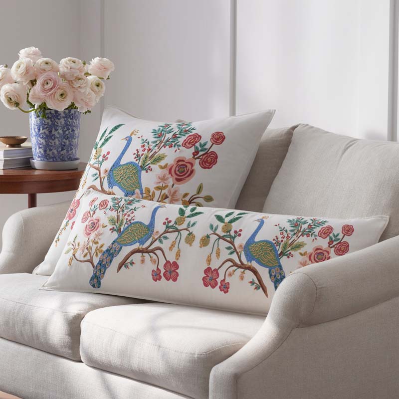 Peacock Decorative Lumbar Pillow Cover - Ivory