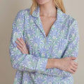 Printed Poplin Women's Button-Down Pajama Set - Blue Palm, S