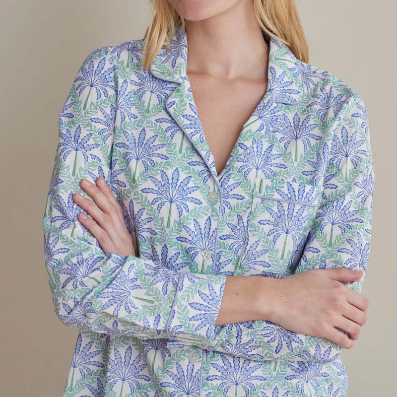 Printed Poplin Women's Button-Down Pajama Set - Blue Palm, S