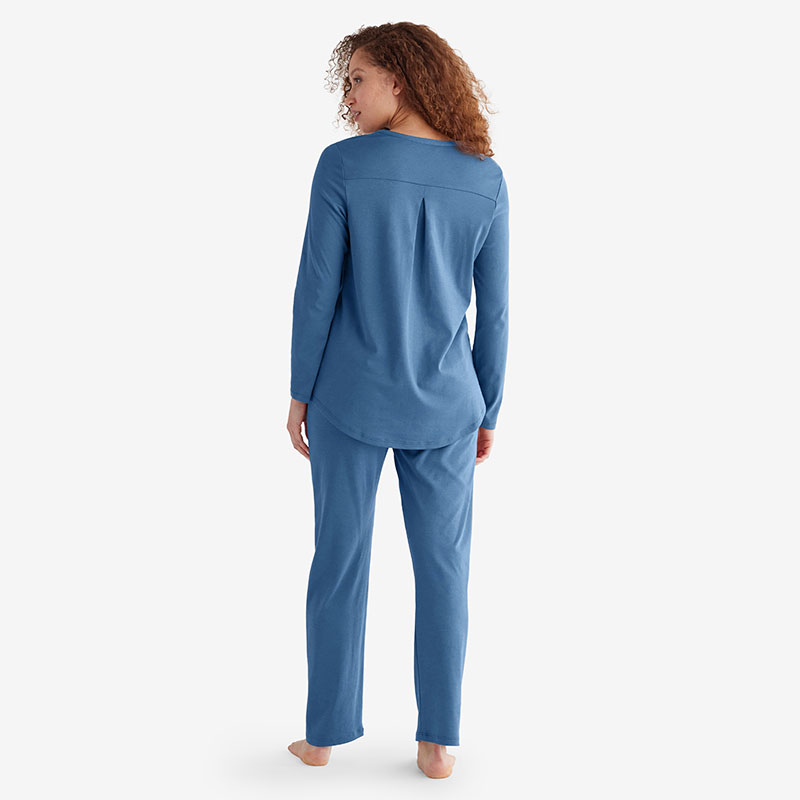 Pima Cotton Women's Button-Down Pajama Set - Blue Denim, L