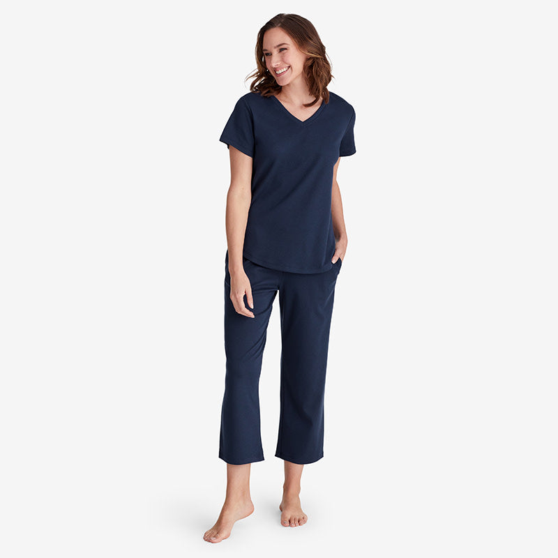 Pima Cotton Women's Cropped Pajama Set - Navy, S