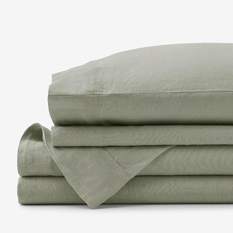 Premium Breathable Washed Linen Solid Bed Sheet Set - Moss Green, King
