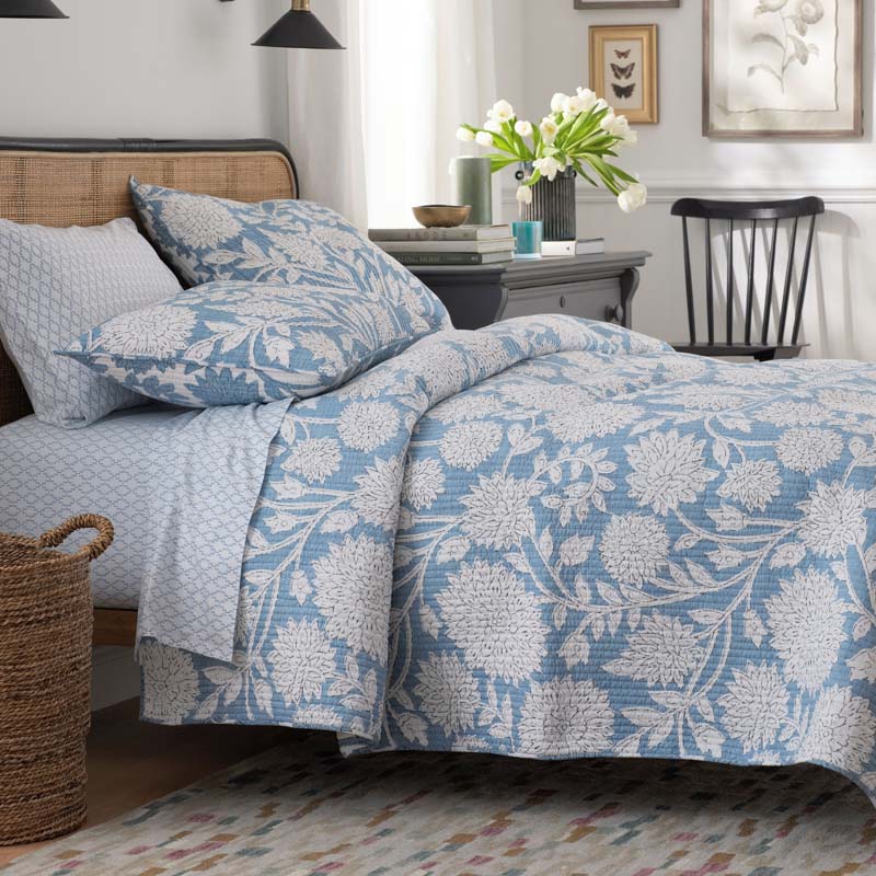 Feliciana Chrysanthemum Reversible Quilted Sham - Blue, Euro