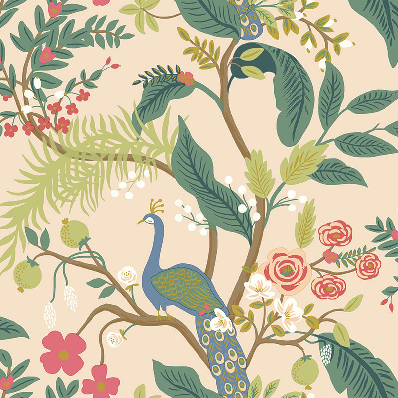 Peacock Traditional Wallpaper - Light Pink, Roll