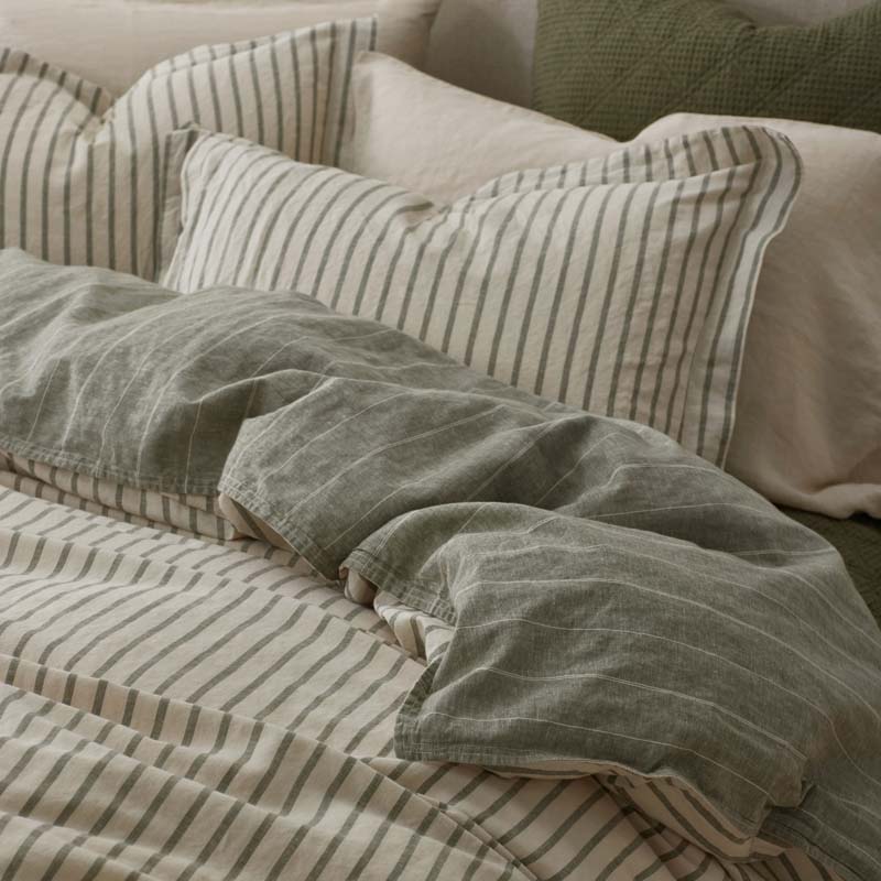 Tailored Stripes Premium Breathable Washed Linen Cotton Reversible Duvet Cover - Wide Stripe Dark Olive, King/Cal. King