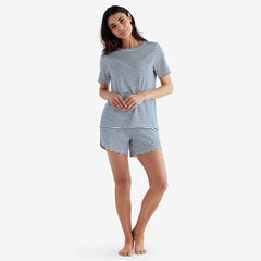 Yarn-Dyed Stripe Pima Cotton Women's Shorts Set - Navy/White, L