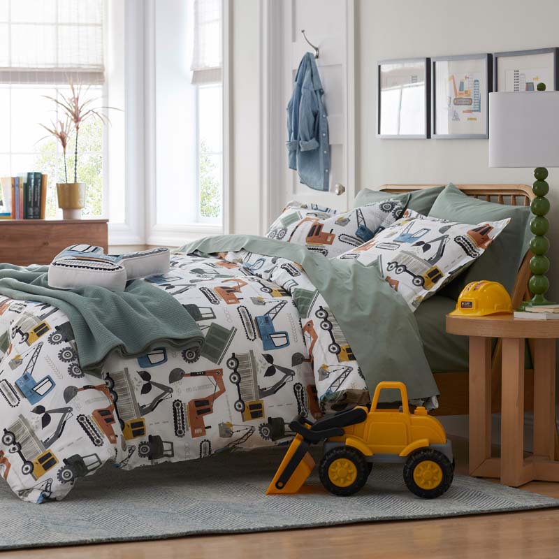 Construction Builders Classic Cool Organic Cotton Percale Duvet Cover Set - White Multi, Full