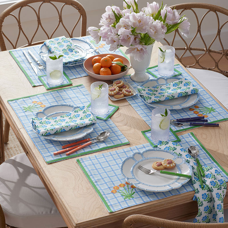 Floral Plaid Reversible Placemats, Set of 4 - Blue
