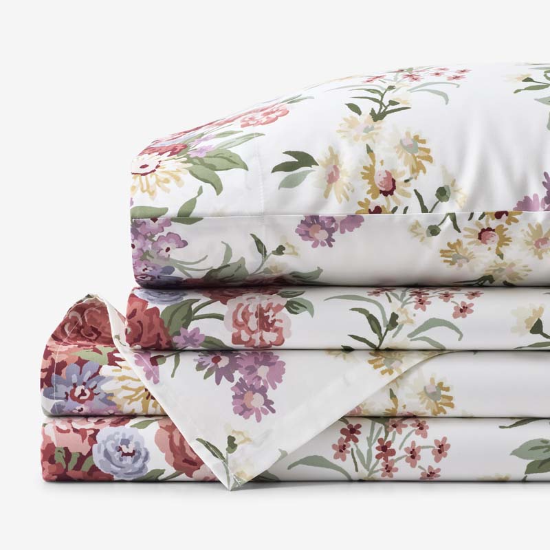 Nature's Bouquet Classic Smooth Sateen Bed Sheet Set - Cream Multi, Full
