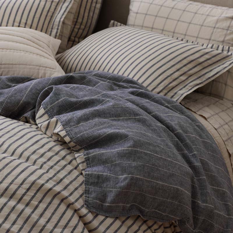 Tailored Stripes Premium Breathable Washed Linen Cotton Reversible Duvet Cover - Wide Stripe Deep Navy, Full/Queen