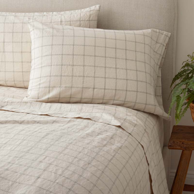 Tailored Stripes and Plaids Premium Breathable Washed Linen Cotton Flat Bed Sheet - Windowpane Dark Olive, King/Cal. King
