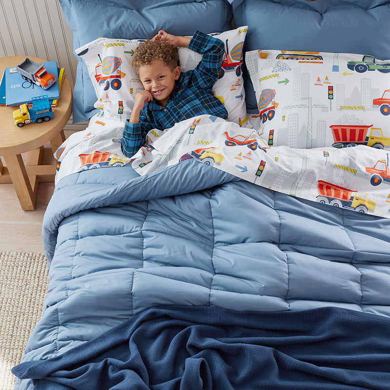 Construction Trucks Classic Cool Organic Cotton Percale Duvet Cover Set - White , Full/Queen