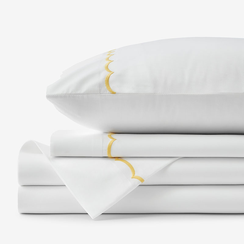 Embroidered Scallop Classic Cool Cotton Percale Bed Sheet Set - Yellow, Full