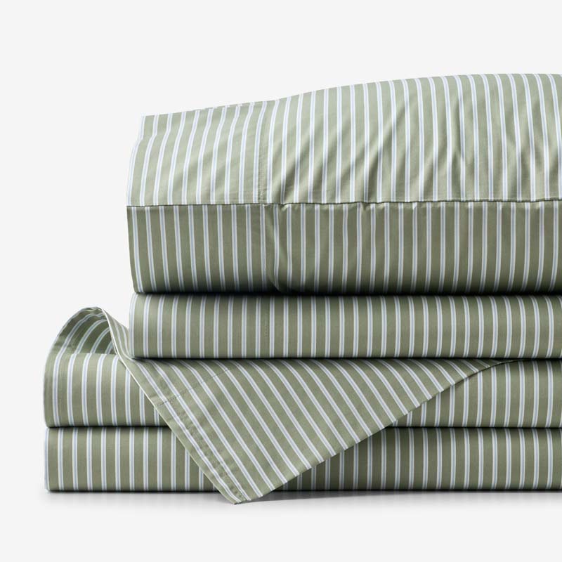 Tira Floral Classic Cool Cotton Percale Bed Sheet Set - Stripe Green, Queen