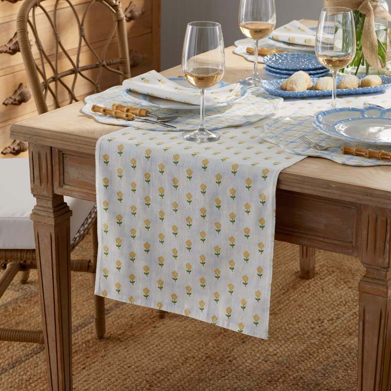 Flowers & Plaid Yarn-Dyed Reversible Table Runner - Graph Plaid Yellow, 16 in. x 90 in.