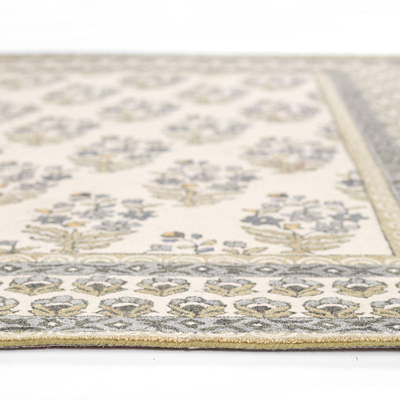 Floral Border Hand Tufted Wool Rug -  Green, 8' Runner