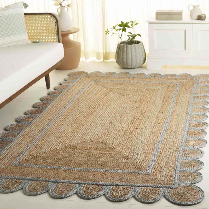 Scallop Border Handwoven Jute Rug - Light Blue, 4' x 6'