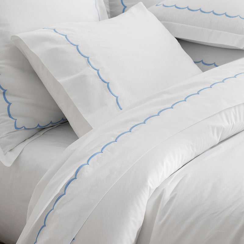 Embroidered Scallop Classic Cool Cotton Percale Duvet Cover - Blue, Full/Queen