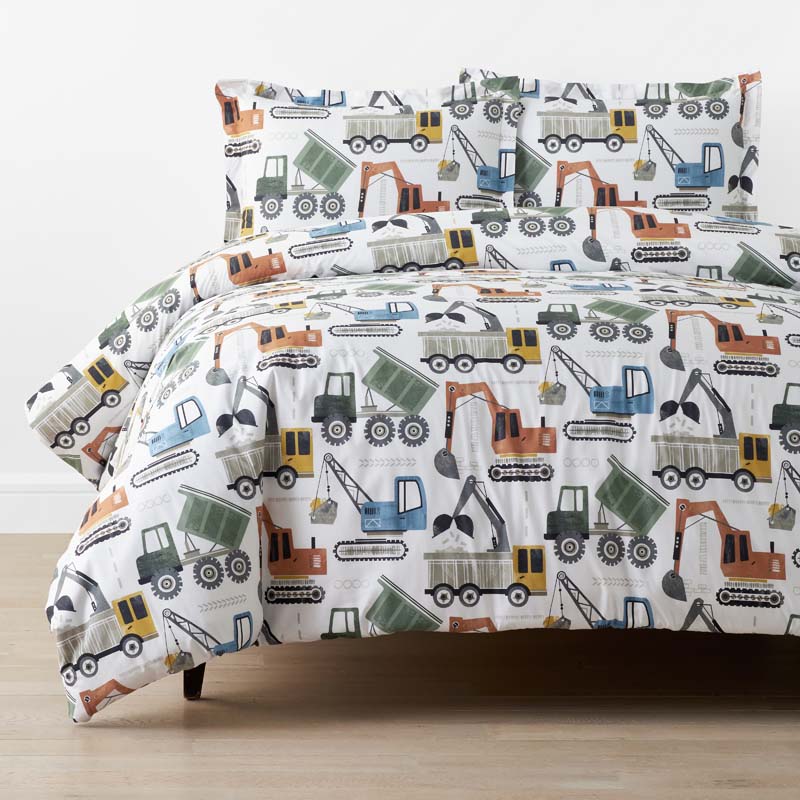 Construction Builders Classic Cool Organic Cotton Percale Duvet Cover Set - White Multi, Full/Queen