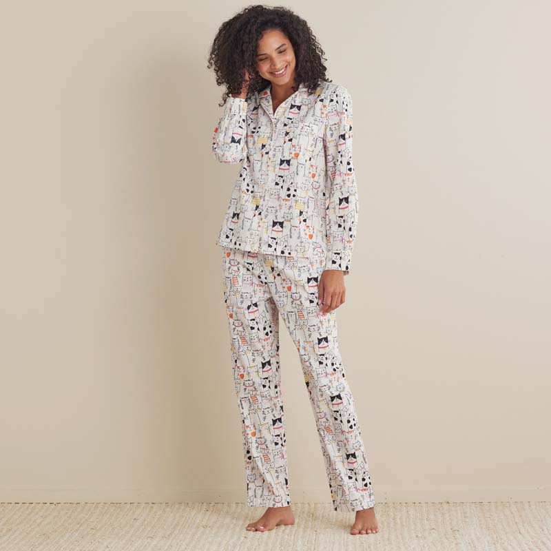 Printed Poplin Women's Button-Down Pajama Set - Kittie Party, XS