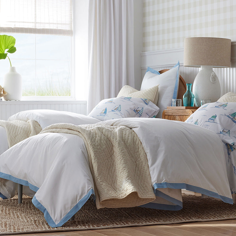 Solid Border Classic Cool Cotton Percale Duvet Cover - Porcelain Blue, Full/Queen