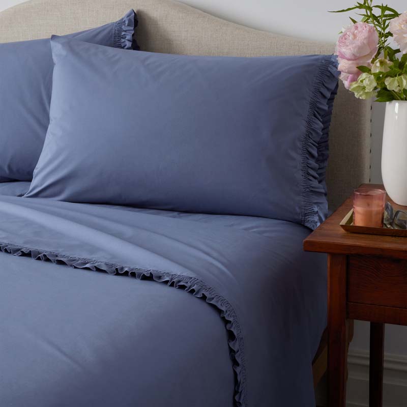 Solid Ruffle Garment Washed Cotton Percale Bed Sheet Set - Denim Blue, Queen
