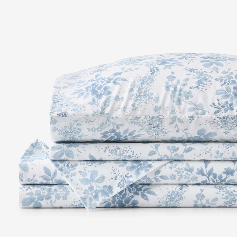 Whisper Fleur Premium Smooth Wrinkle-Free Sateen Bed Sheet Set - Blue Mist, Queen
