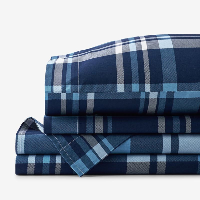 Handsome Tartan Classic Cool Organic Cotton Percale Bed Sheet Set - Blue Multi, Full
