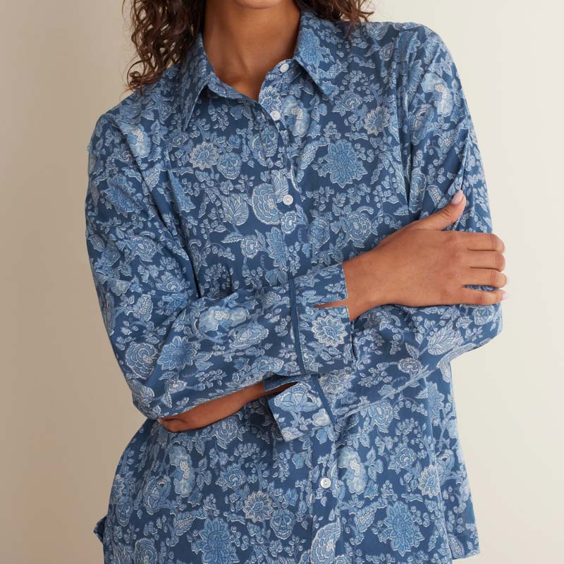 Printed Voile Women's Cropped Pajama Set - Indigo Floral, M