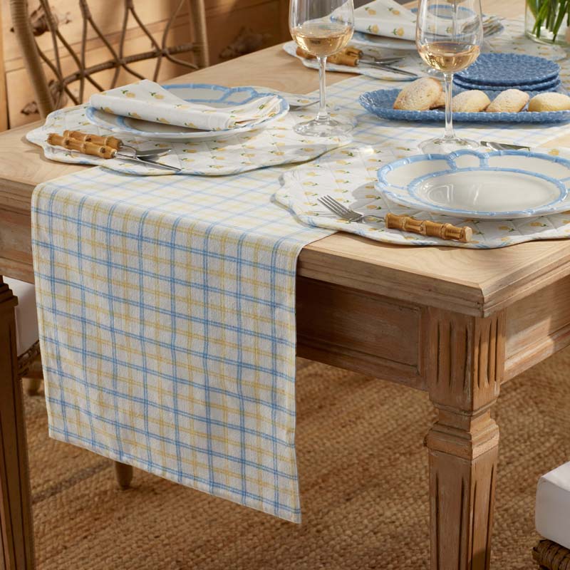 Flowers & Plaid Yarn-Dyed Reversible Table Runner - Graph Plaid Yellow, 16 in. x 90 in.