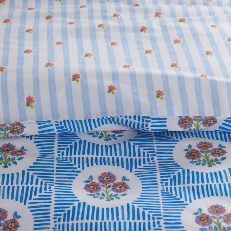 Blossoms and Stripes Classic Cool Cotton Percale Reversible Comforter - Blossom Veil, Full/Queen