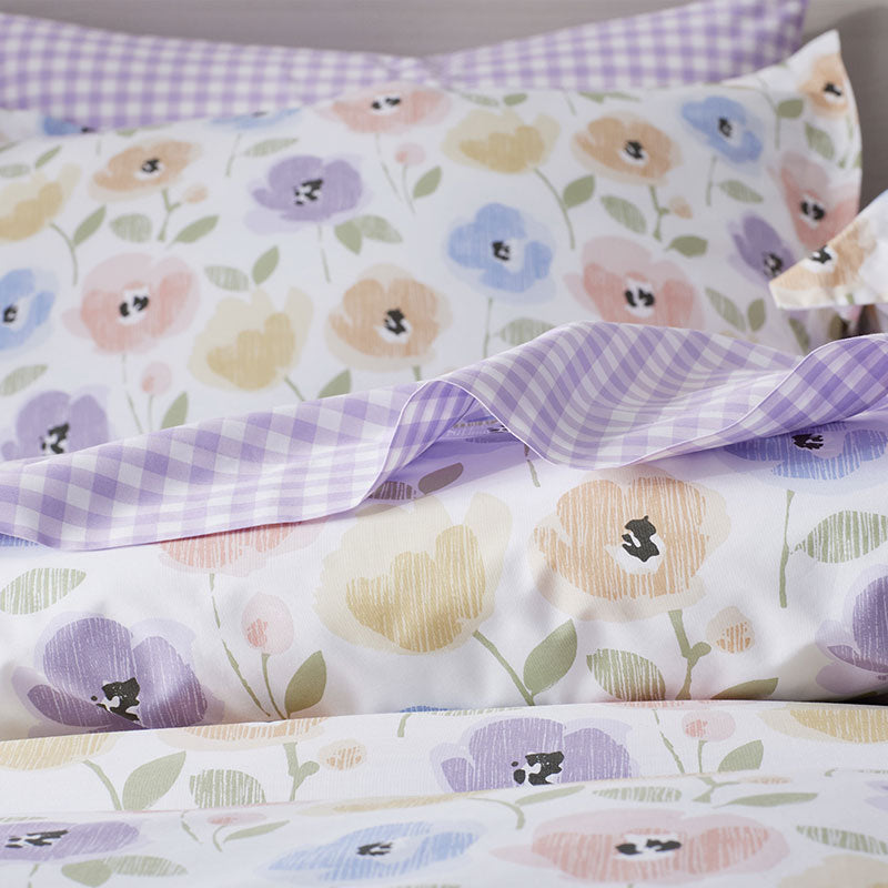 Pastel Poppies Classic Cool Organic Cotton Percale Bed Sheet Set - White Multi, Full