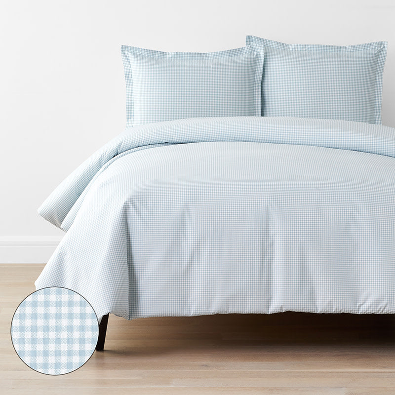 Ditsy Gingham Classic Cool Organic Cotton Percale Duvet Cover Set - Blue, Full/Queen